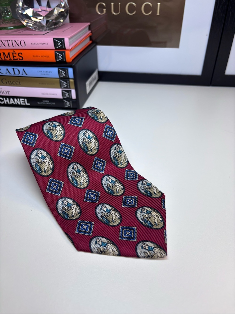 Burberrys Of London Burgundy Tie with Medallion Golfer Pattern Repp Weave Silk
